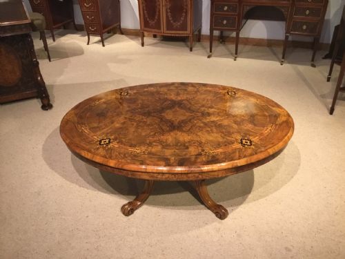 A Burr Walnut Marquetry Inlaid Victorian Period Oval Coffee Table
