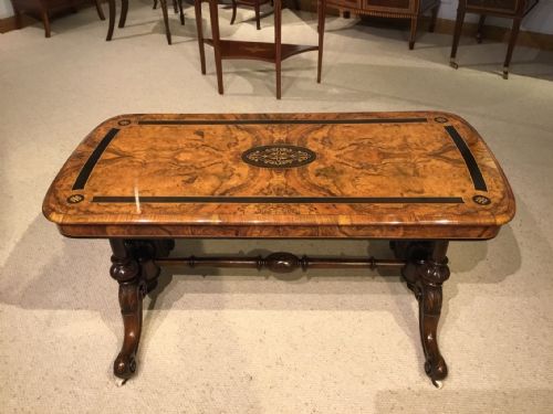 A Victorian Period Burr Walnut & Ebony Inlaid Antique Coffee Table.