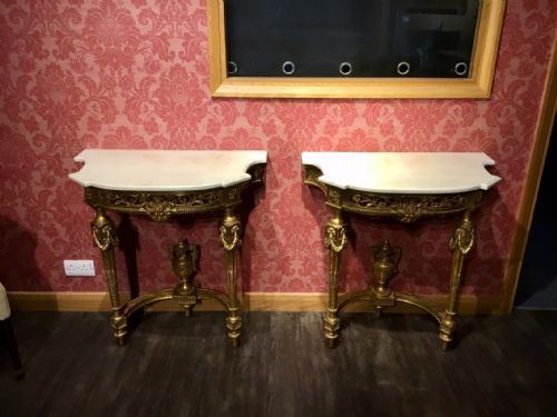 A Fine Quality Pair of 19th Century Louis Xvi Style Carved Gilt-wood and Gesso Console Tables.