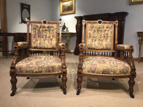 A Pair of Victorian Aesthetic Period Gents & Ladies Walnut & Ebony Armchairs