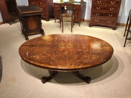 A Large Burr Walnut Victorian Period Antique Oval Coffee Table.