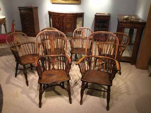 A Lovely Harlequin Set of Six 19th Century Ash and Elm Antique Windsor Armchairs.