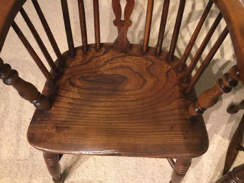 fig 1. A lovely harlequin set of six 19th Century ash and elm antique Windsor armchairs.