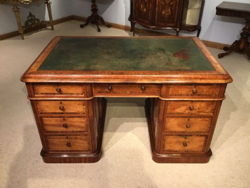 A Lovely Satinwood and Walnut Banded Victorian Period Antique Partners Desk