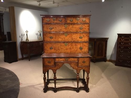 A Good Rare William & Mary Period Burr Oak, Oak and Walnut Chest on Stand.