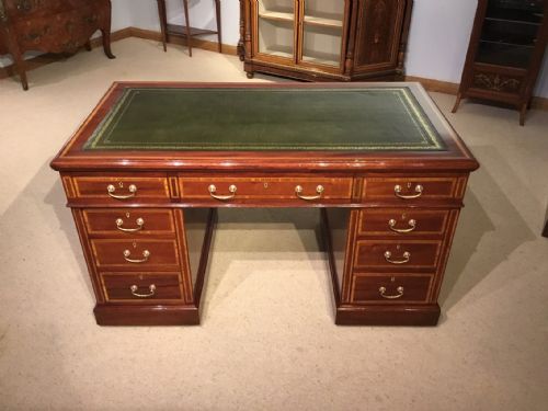 A Solid Mahogany and Satinwood Banded Edwardian Period Pedestal Desk