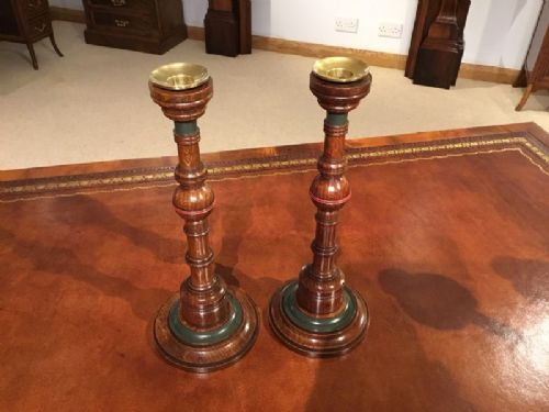 A Lovely Pair of 19th Century Aesthetic Period Oak Candle Sticks