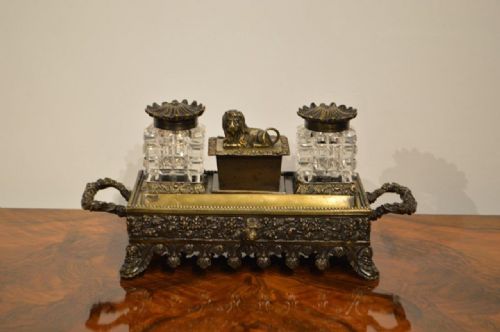A Bronze and Glass Early Victorian Period Desk Set