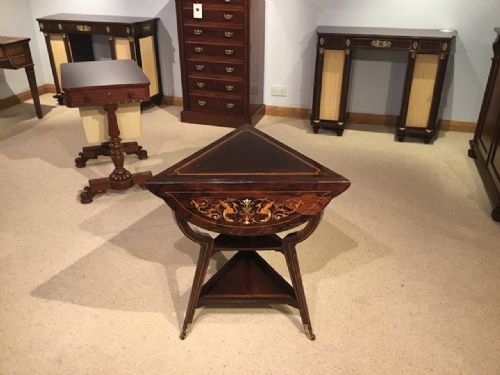 A Late Victorian Period Rosewood Inlaid Triangular Occasional Table