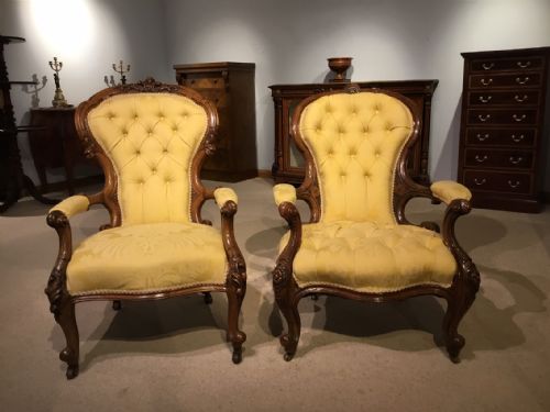 fig 1. A good near pair of Victorian Period carved walnut antique armchairs