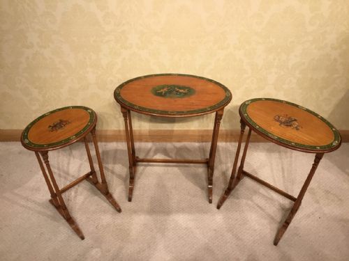A Beautiful Edwardian Period Satinwood and Polychrome Decorated Nest of Three Tables