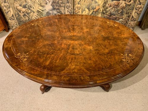 A Victorian Period Burr Walnut Oval Antique Coffee Table
