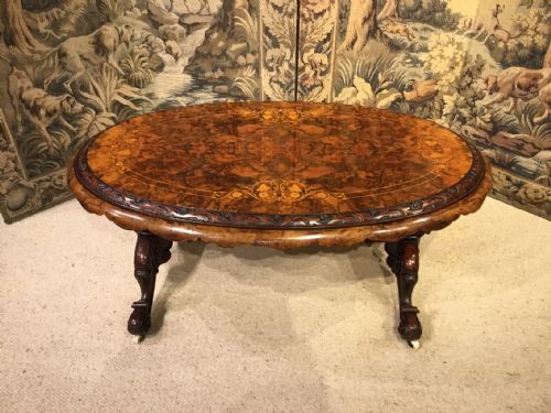 A Victorian Period Oval Burr Walnut Marquetry Inlaid Antique Coffee Table