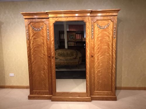 A Victorian Period Satin Birch Breakfront Wardrobe