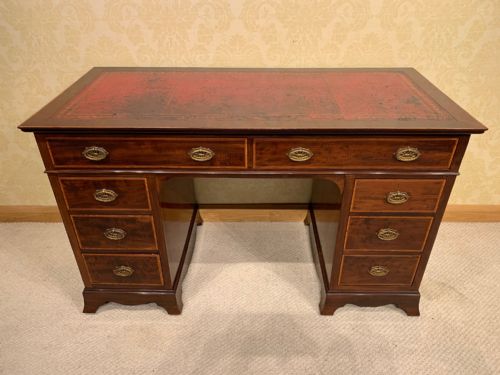 A Superb Quality Edwardian Period Mahogany Inlaid Antique Pedestal Desk