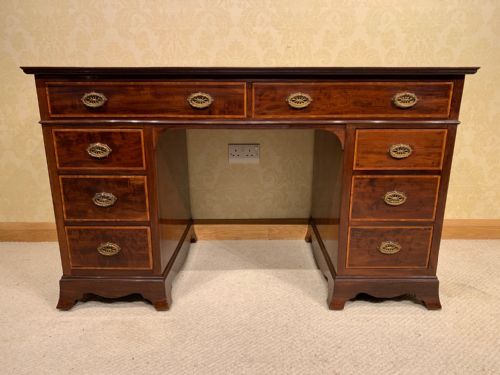 fig 1. A superb quality Edwardian Period mahogany inlaid antique pedestal desk