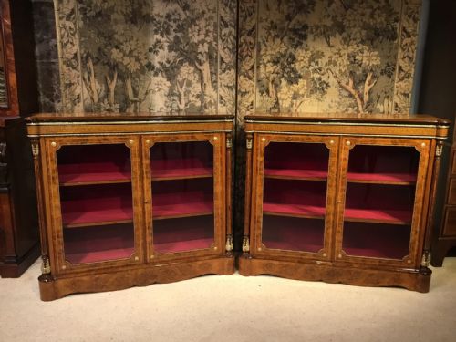 A Superb Pair of Victorian Period Burr Walnut & Ormolu Mounted Pier Cabinets.
