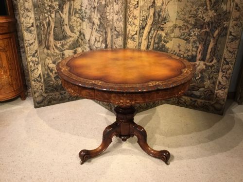 A Fine Quality Victorian Period Burr Walnut & Marquetry Inlaid Drum Table