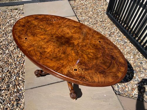 A Lovely Victorian Period Burr Walnut and Marquetry Inlaid Antique Coffee Table