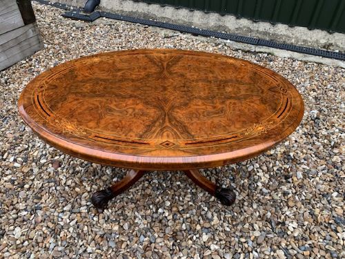 A Fine Quality Victorian Period Burr Walnut and Marquetry Inlaid Oval Antique Coffee Table