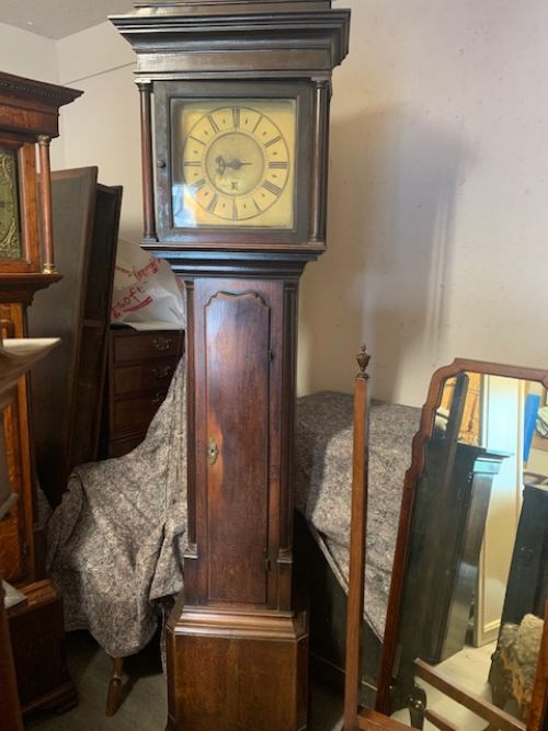 An Unusual Oak Single Brass Dial Antique Grandfather Clock