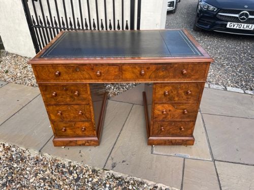 A Beautiful Burr Walnut Victorian Period Antique Pedestal Desk