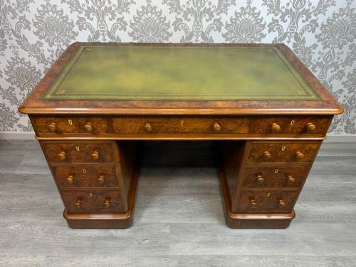 A Superb Quality Victorian Period Burr Walnut Antique Pedestal Desk.