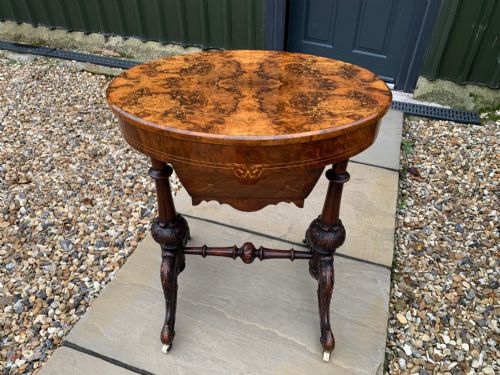 A Beautiful Victorian Period Burr Walnut Antique Sewing Table