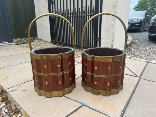 A Rare Pair of Mahogany and Brass Band Coal/log Buckets
