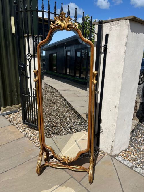 A Quality French Style Carved Gilt Wood and Walnut Cheval Dressing Mirror