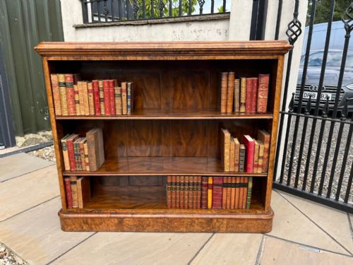 A Fine Quality Victorian Period Burr Walnut Antique Open Bookcase