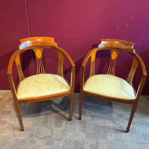 A Fine Quality Pair of Edwardian Period Mahogany Inlaid Tub Chairs