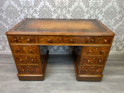 A Fine Quality Victorian Period Burr Walnut Antique Pedestal Desk