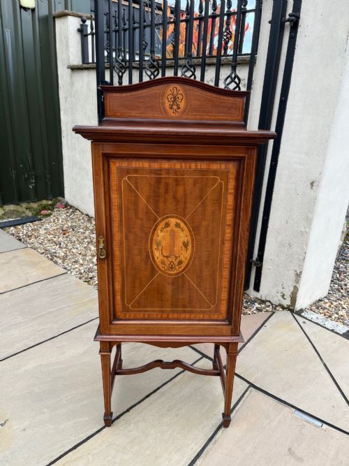 A Shapland & Petter Edwardian Period Mahogany Inlaid Antique Music Cabinet