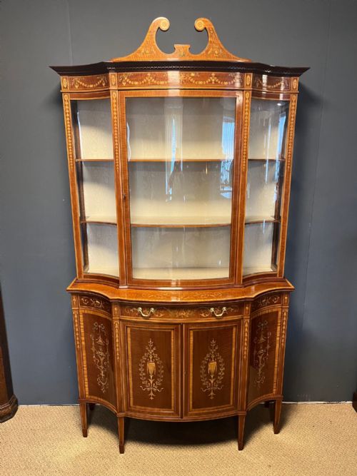 An Exhibition Quality Antique Inlaid Serpentine Display Cabinet by Edwards and Roberts of London