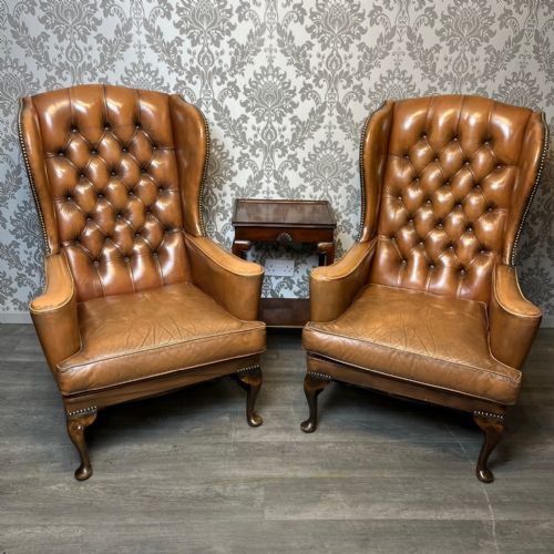 A Good Pair of Edwardian Period Georgian Style Leather Wing Armchairs