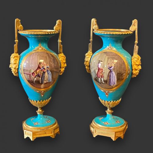 A Fine Quality Pair of French Sevres Porcelain and Ormolu Mounted Vases