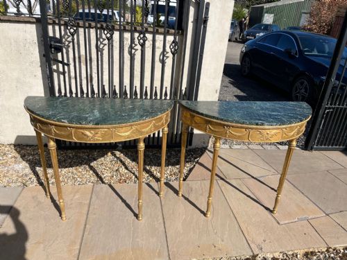 A Good Pair of Robert Adam Designed Gilt Wood and Gesso Demi Lune Tables