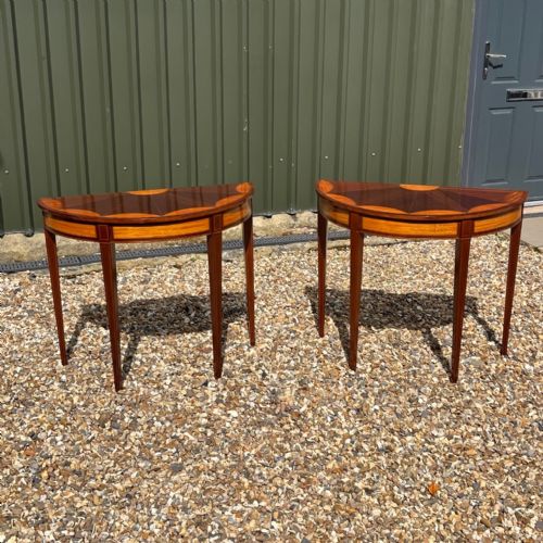 A Pair of Fine Quality Edwardian Period Mahogany and Satinwood Demi Lune Tables