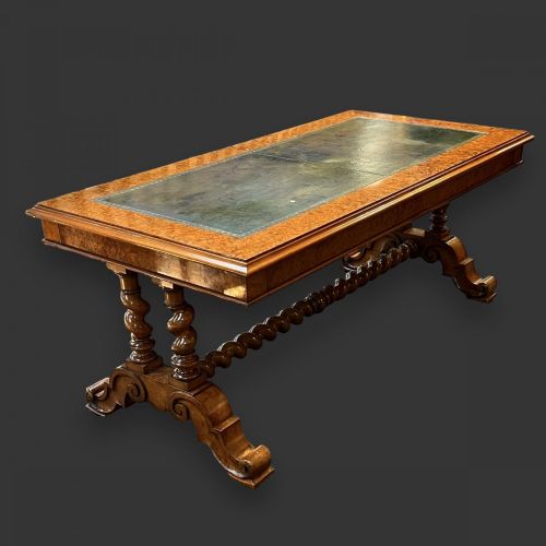 A Victorian Period Amboyna and Leather Topped Coffee Table by Miles and Edwards of London