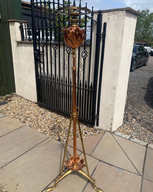 An Arts & Crafts Period Brass and Copper Adjustable Oil Lamp
