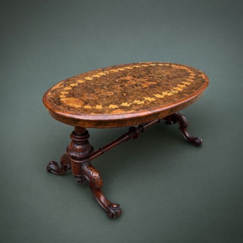A Fine Quality Victorian Period Burr Walnut Oval Coffee Table.