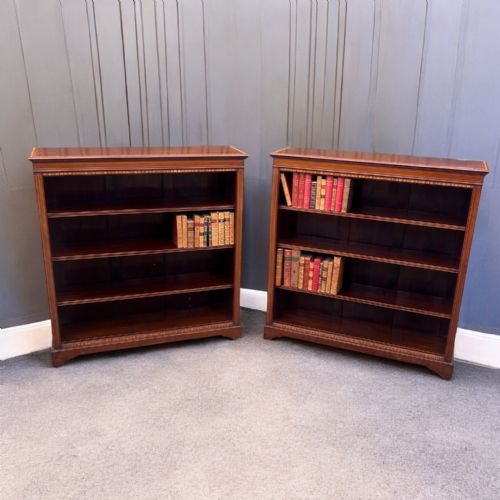 A Fine Quality Pair of Edwardian Period Mahogany Inlaid Open Bookcases