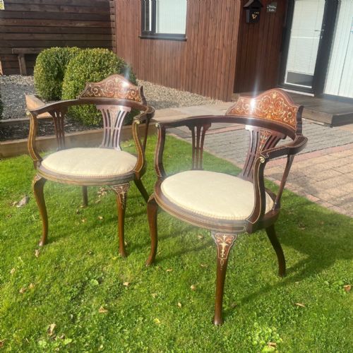 A Fine Quality Pair of Edwardian Period Marquetry Inlaid Armchairs