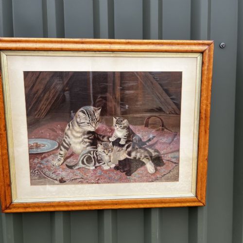 A 19th Century Chromolithograph Depicting a Mother Cat and Her Kittens, Titled "The Family" by Artist Horatio Henry Couldrey.