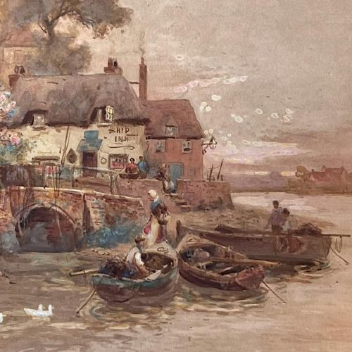 fig 1. A 19th-century watercolour landscape painting depicting a river scene with boats and cottages, enclosed in an ornate giltwood frame.