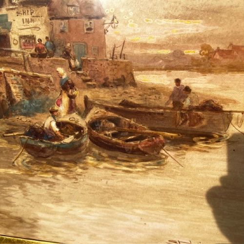 A 19th-century watercolour landscape painting depicting a river scene with boats and cottages, enclosed in an ornate giltwood frame. View III