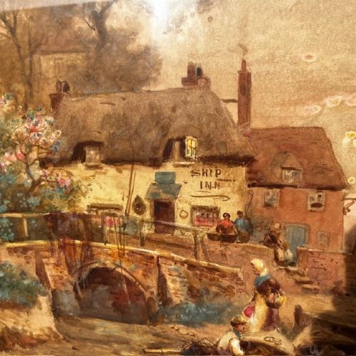 A 19th-century watercolour landscape painting depicting a river scene with boats and cottages, enclosed in an ornate giltwood frame. View IV