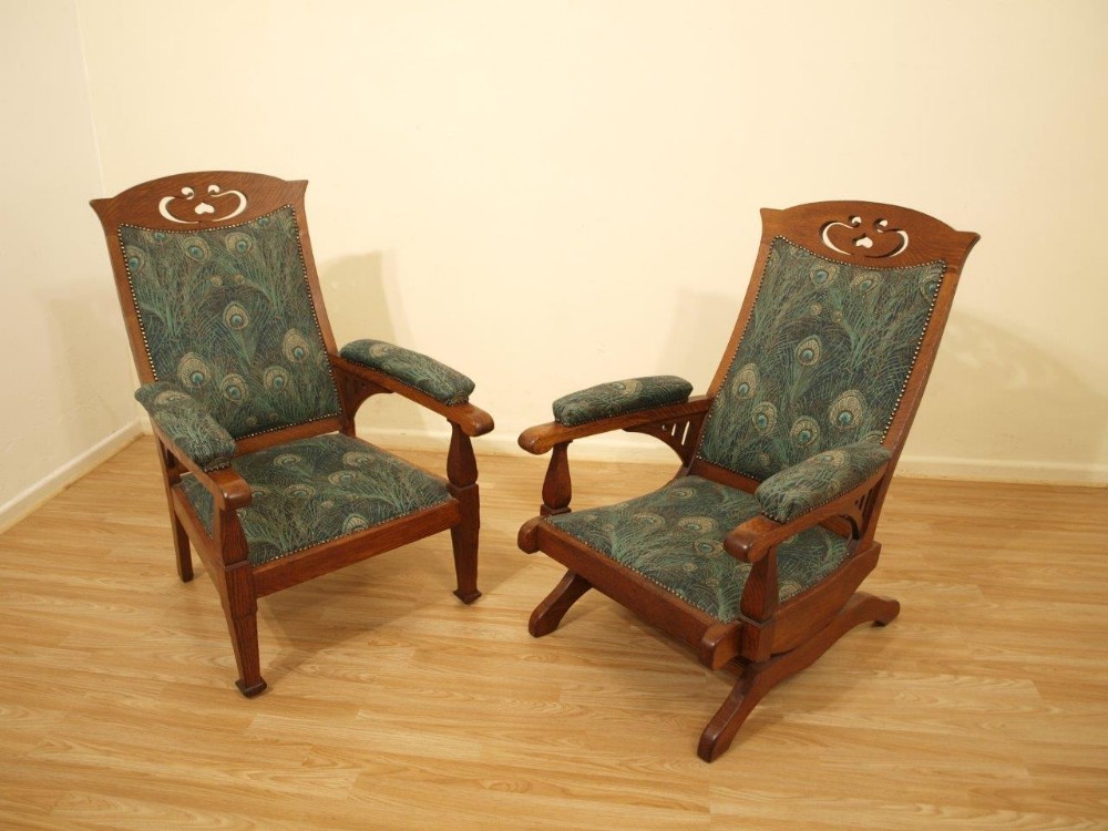 A Rare Pair Of Oak Arts & Crafts Armchairs