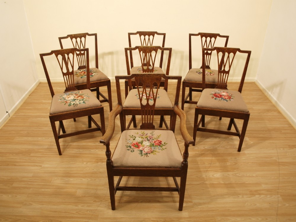 A Set Of 7 Oak George III Period Hepplewhite Style Antique Dining Chairs